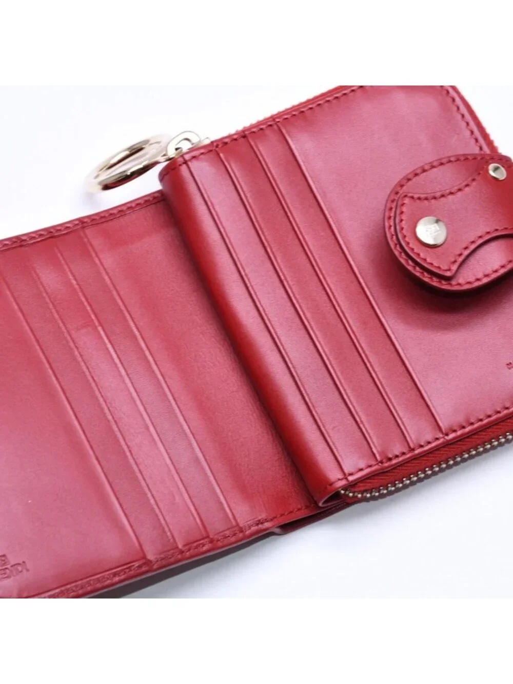 Fendi Compact Wallet Bifold Zucca Pattern Canvas Leather Brown Red Gold